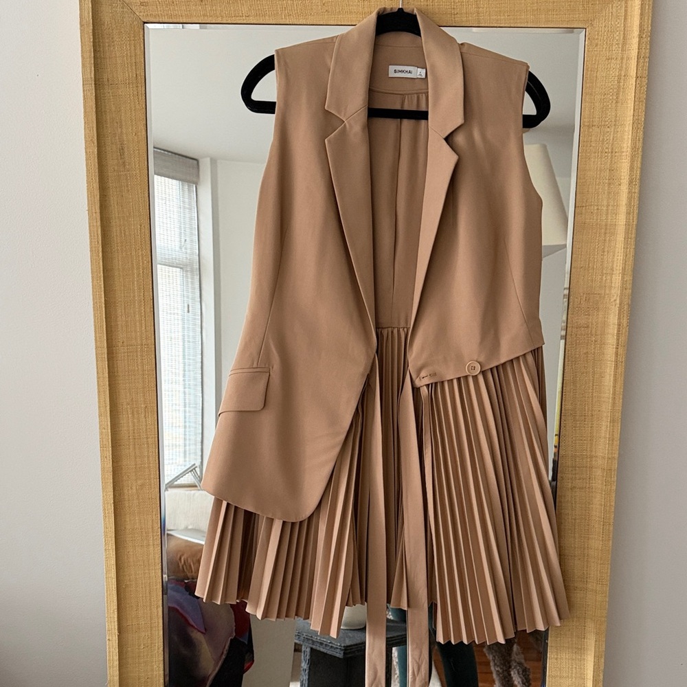 SIMKHAI Tailored Pleated Wrap Dress in Camel-Taupe